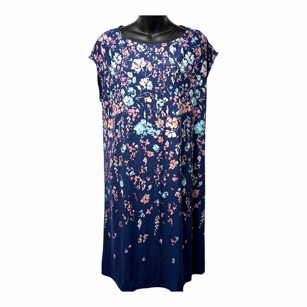 J Jill Wearever Collection Floral Boat Neck Cap Sleeve Stretchy Dress Womens L